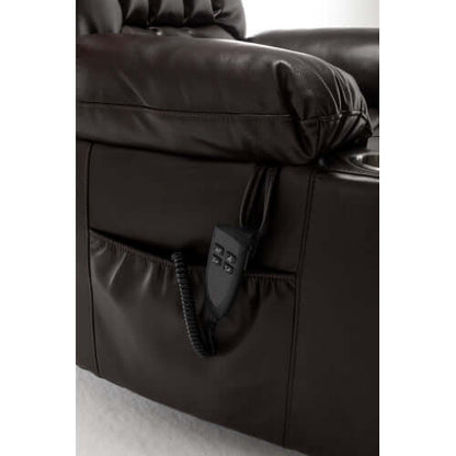Close-up of a red wine faux leather recliner with control panel.