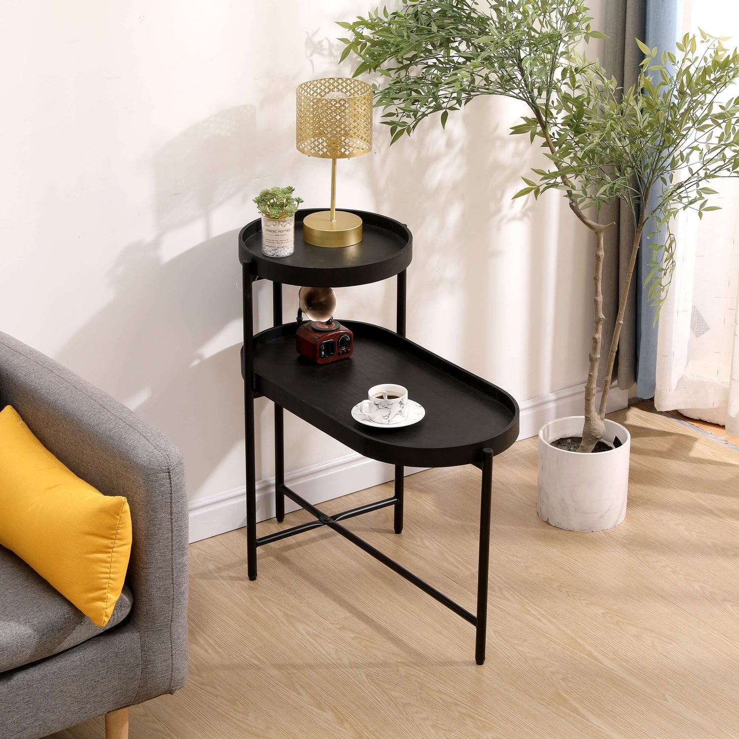 2-Tier Iron Frame End Table with Storage