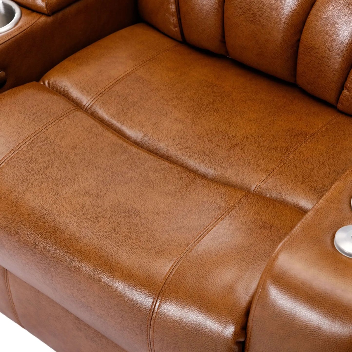 Close-up of a brown leather recliner chair with visible stitching and buttons.