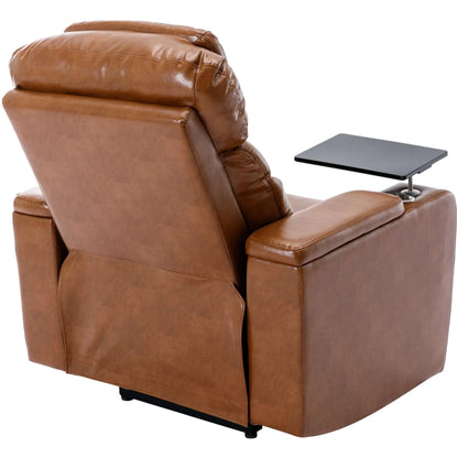 Back angled view of a brown leather recliner chair with a small table on a white background