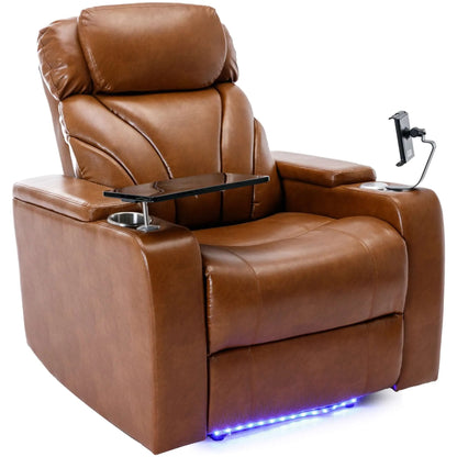 Brown leather recliner chair with cup holders, tablet stand, and LED lighting on a white background
