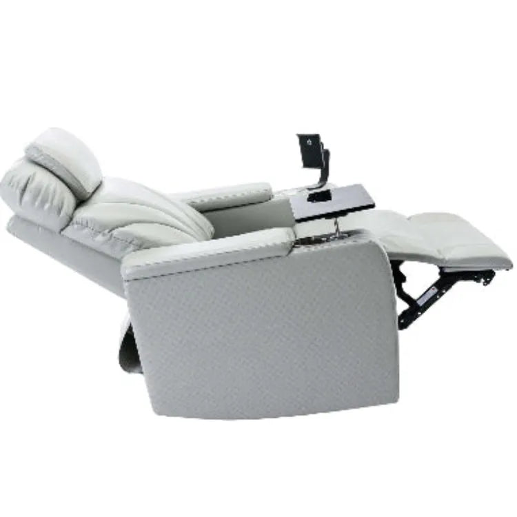 Side view of a reclined gray faux leather recliner chair with cup holder and armrest on a white background