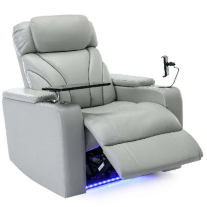 Gray faux leather recliner chair with cup holders, tablet stand, and LED lighting on a white background