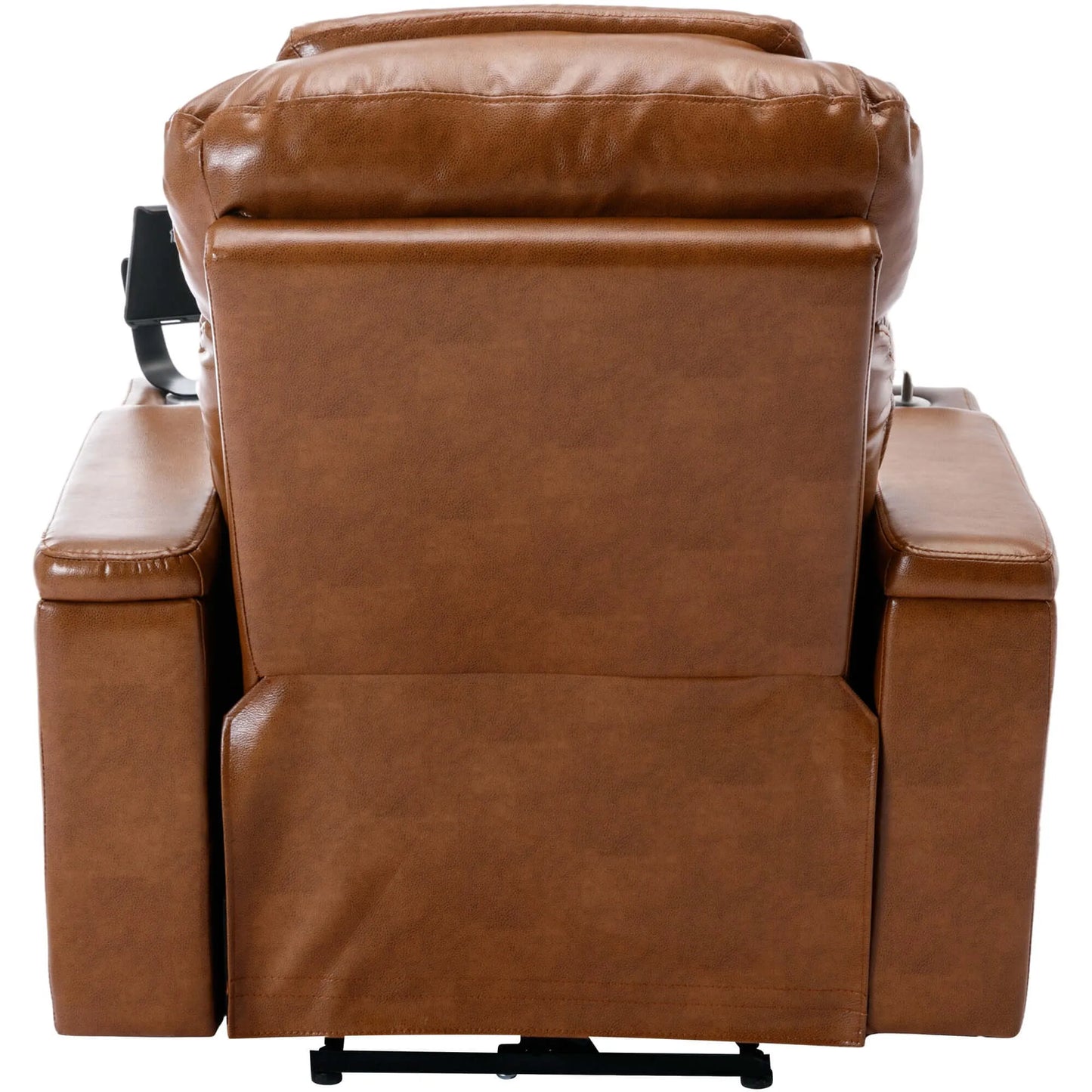 Back side of a brown leather recliner chair on a white background