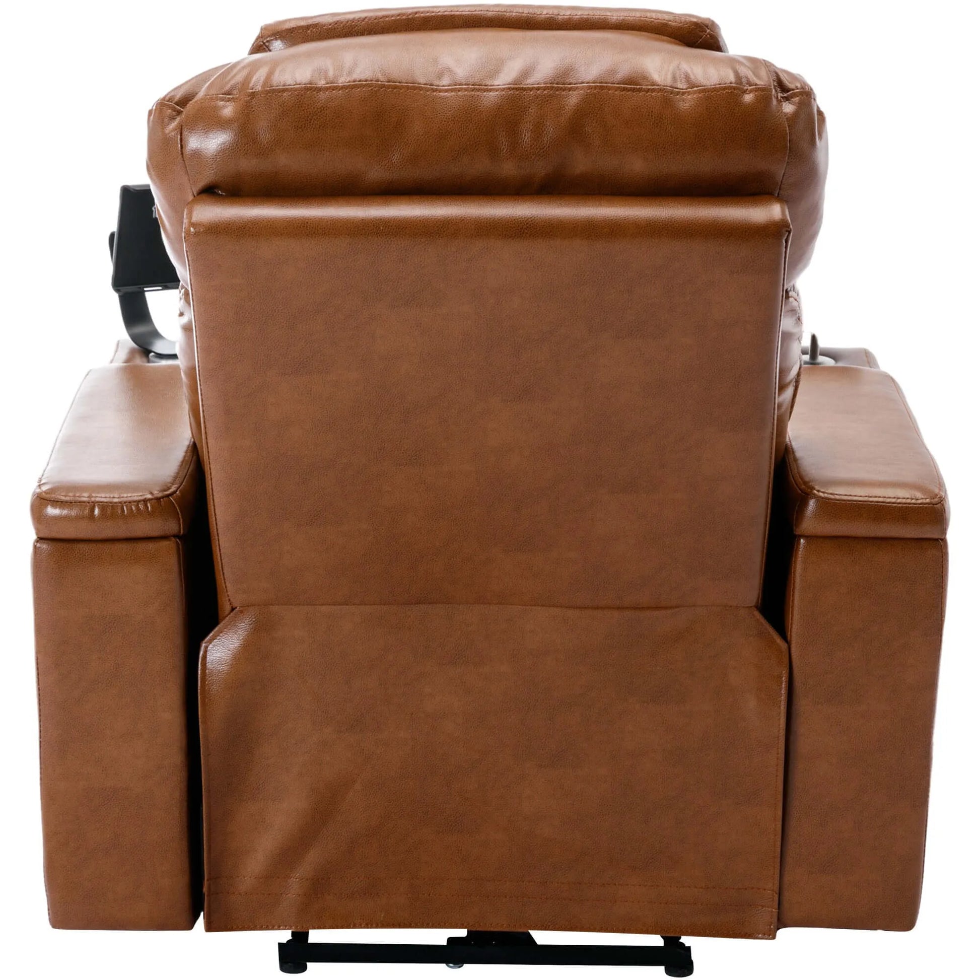 Back side of a brown leather recliner chair on a white background
