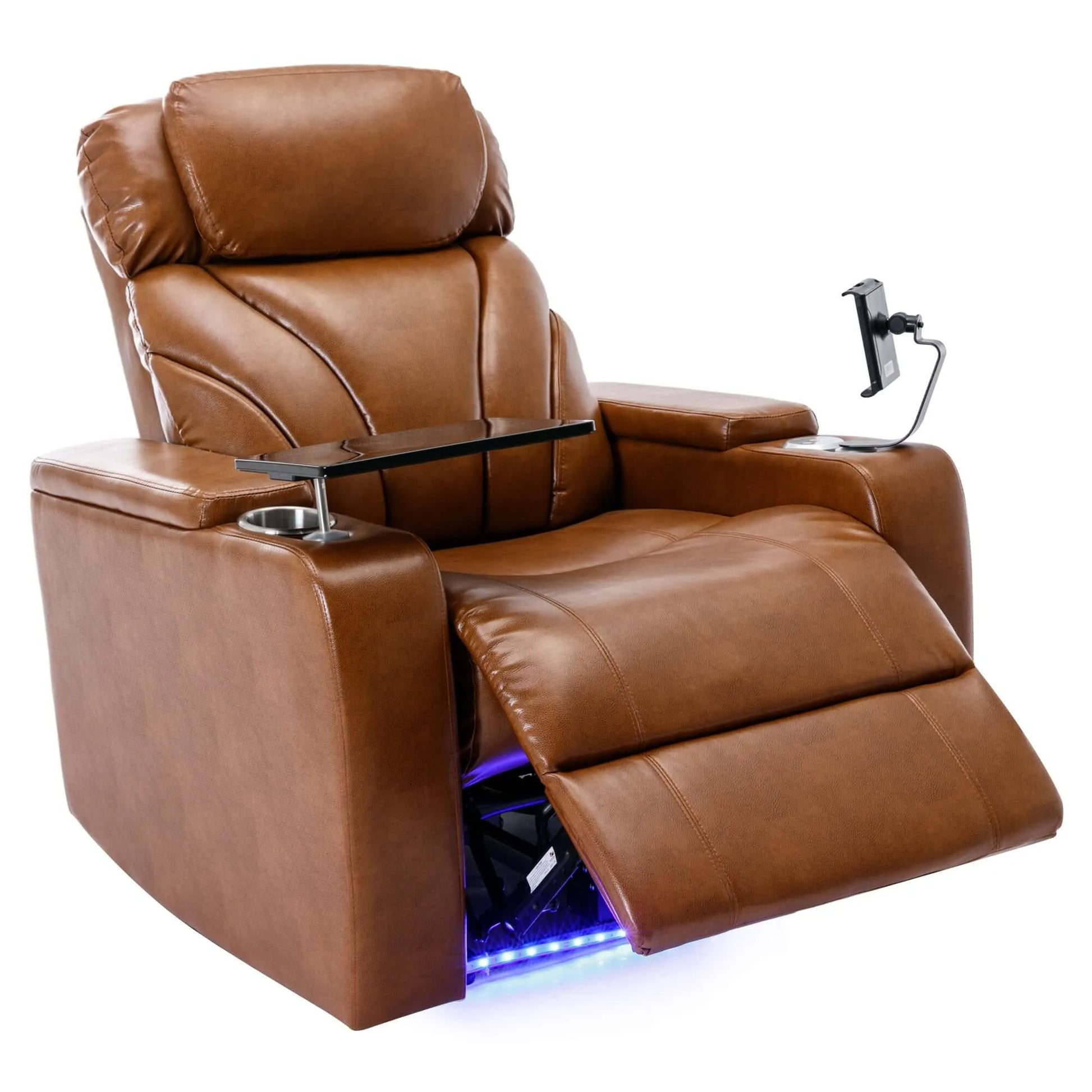 Brown leather recliner chair with cup holders and tablet stand with footrest extended on a white background