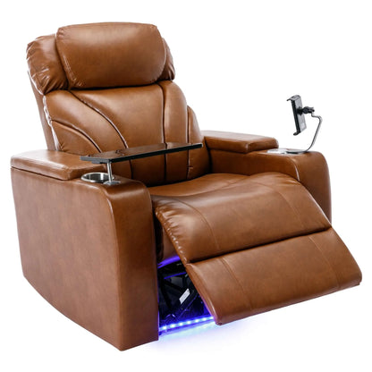 Brown leather recliner chair with cup holders and tablet stand with footrest extended on a white background