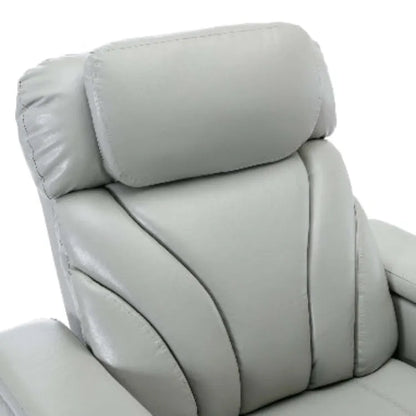 Close up of the top cushion of a gray faux leather recliner chair on a white background