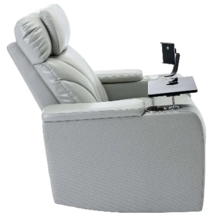 Gray faux leather recliner chair with cup holder and tablet stand on a white background