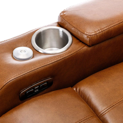 Brown leather recliner chair armrest with cup holder and USB port.