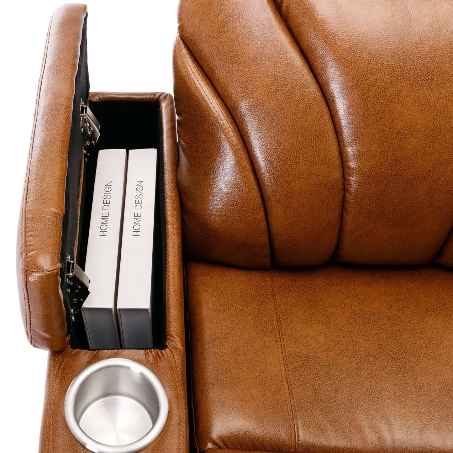 Brown leather recliner with cup holder and books on a white background