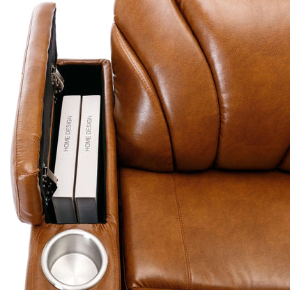 Brown leather recliner with cup holder and books on a white background