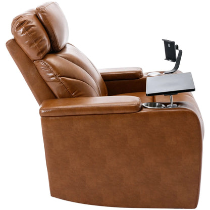 Brown leather recliner chair with cup holder and screen on a white background