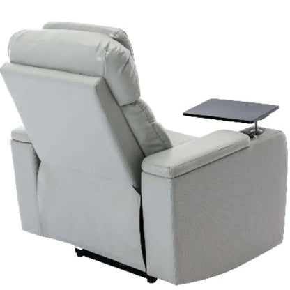 Back of a gray faux leather recliner chair with a small table on a white background