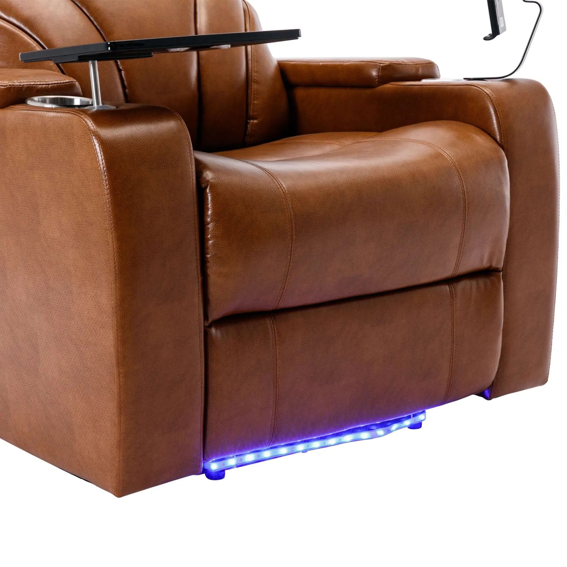 Brown leather recliner chair with cup holder and LED lighting on a white background