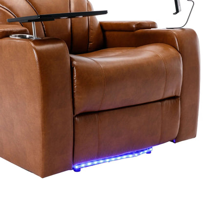 Brown leather recliner chair with cup holder and LED lighting on a white background