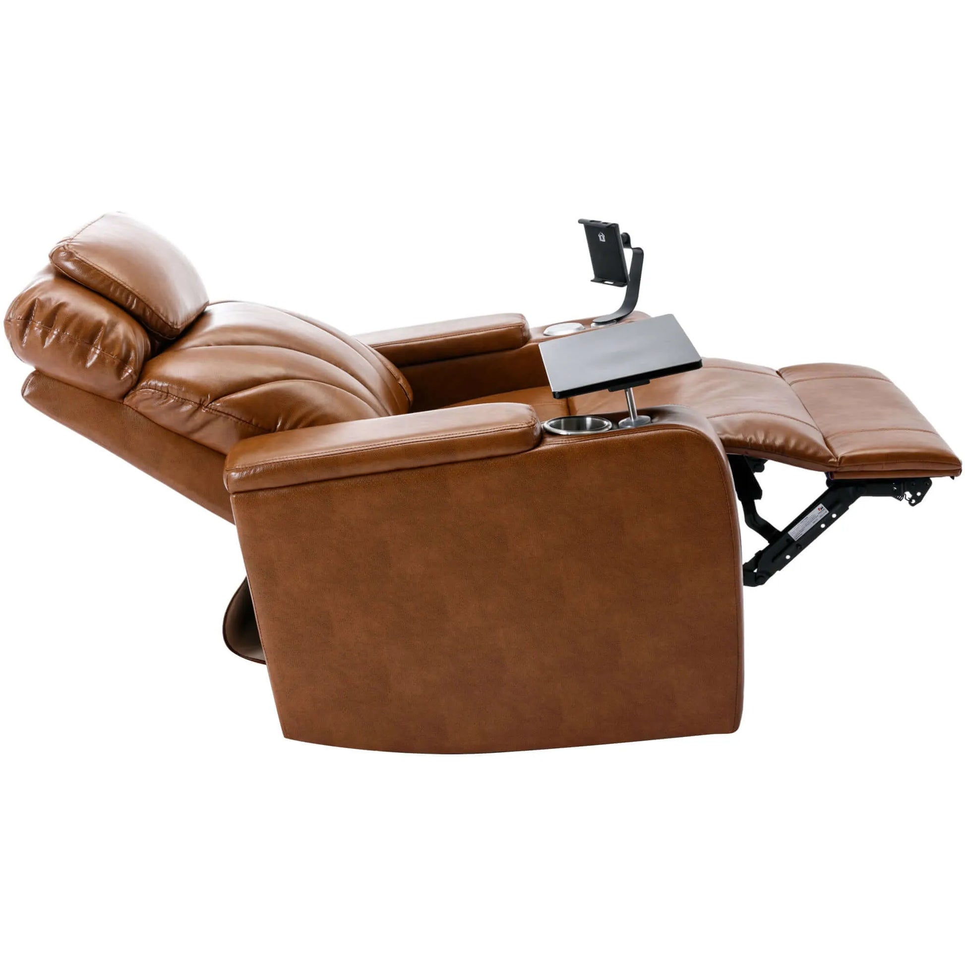Side view of a brown leather recliner chair with cup holder and armrest on a white background