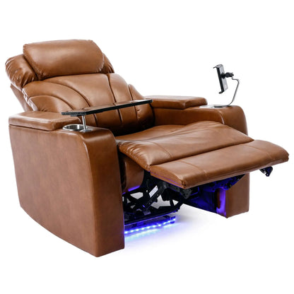 Brown leather recliner chair fully extended with cup holder, armrest screen, and LED lighting on a white background
