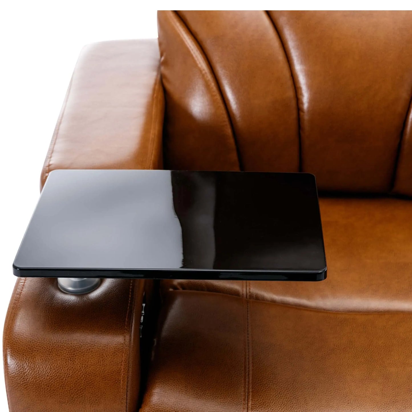 Black tray attached to a brown leather recliner chair