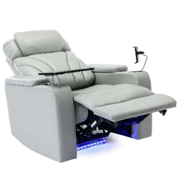 Gray faux leather recliner chair in a reclining position with cup holder and LED lighting on a white background