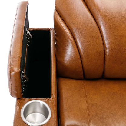 Brown leather recliner chair with a cup holder and storage compartment.