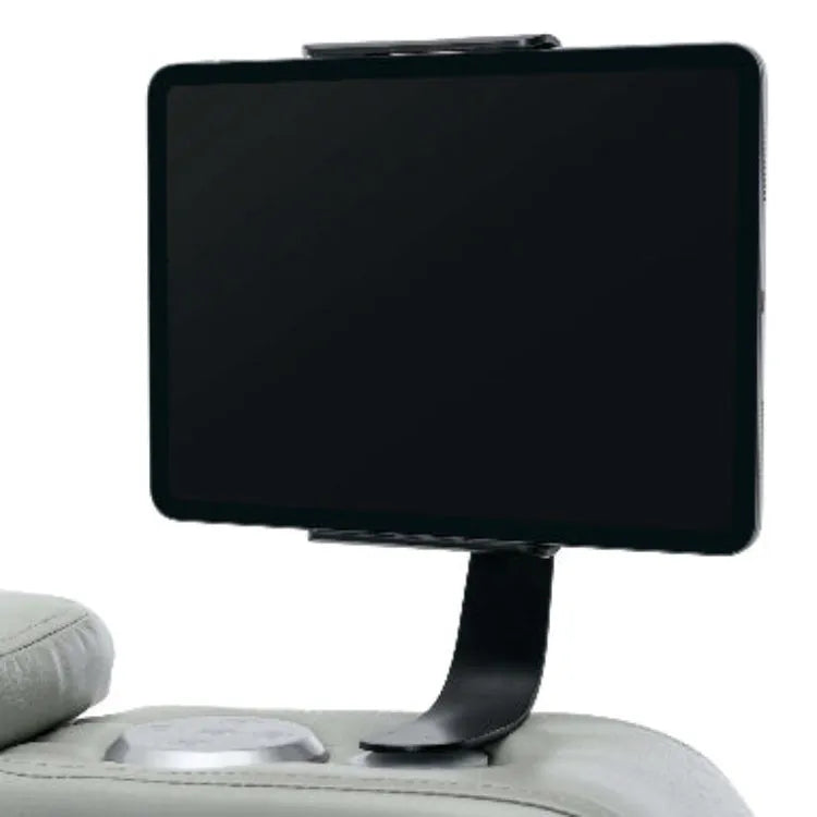 Close up of cell phone holder on a gray faux leather recliner.