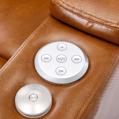 Control panel with buttons on a brown leather recliner chair