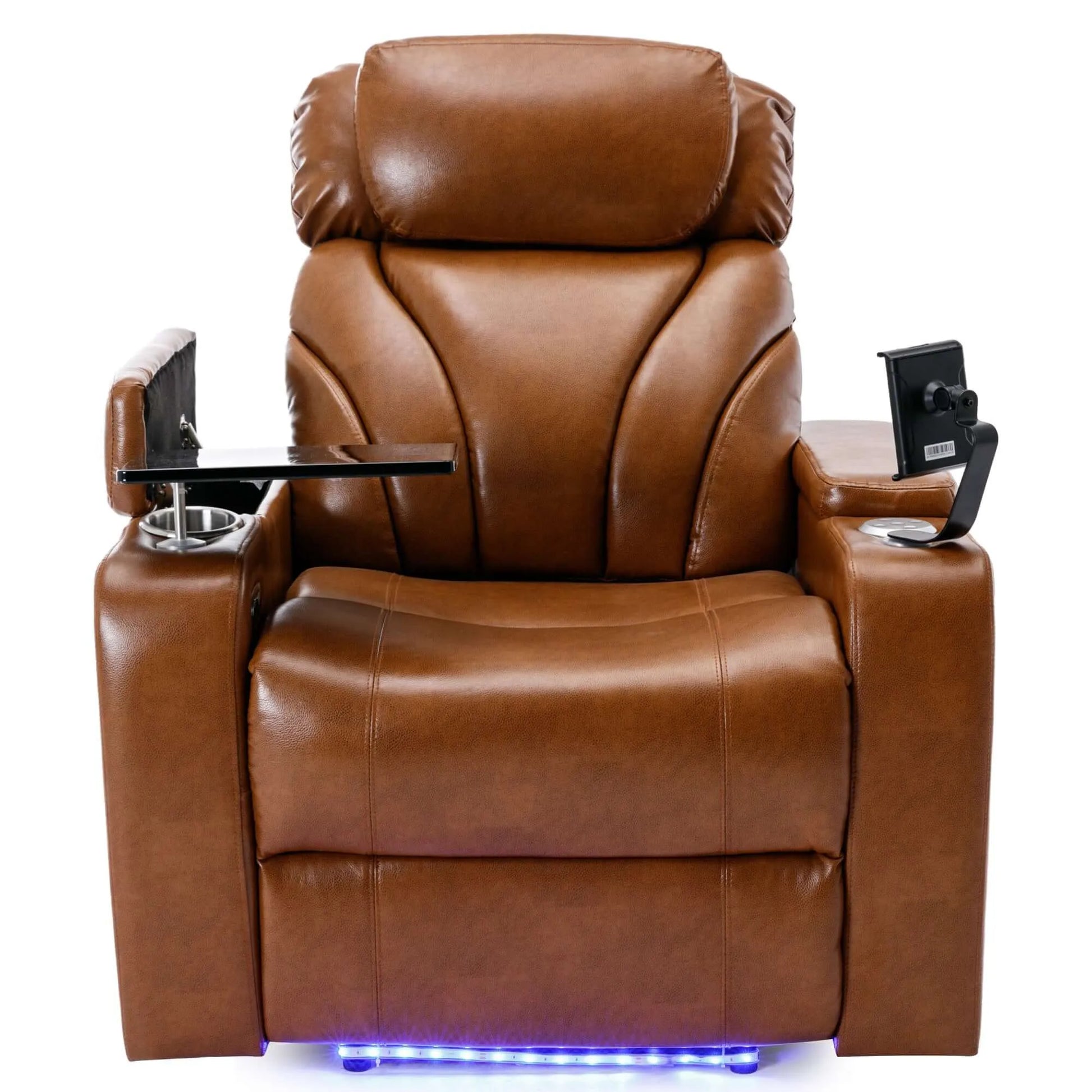 Brown leather recliner chair with cup holder, armrests, and storage on a white background