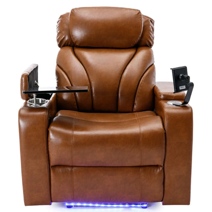 Brown leather recliner chair with cup holder, armrests, and storage on a white background