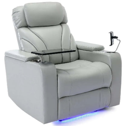 Gray faux leather recliner chair with cup holders, tablet stand, and LED lighting on a white background