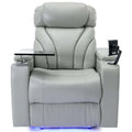 Gray faux leather recliner chair with cup holders and tablet stand on a white background