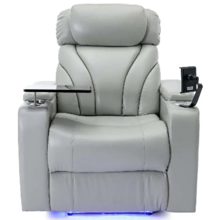 Gray faux leather recliner chair with cup holders and tablet stand on a white background
