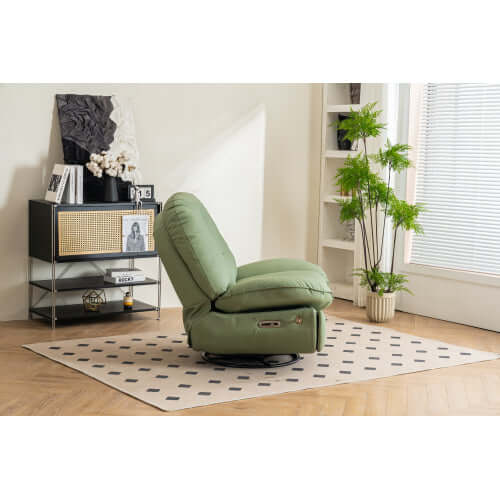 Side view of a green leather recliner chair in a living room setting with a rug and bookshelf.