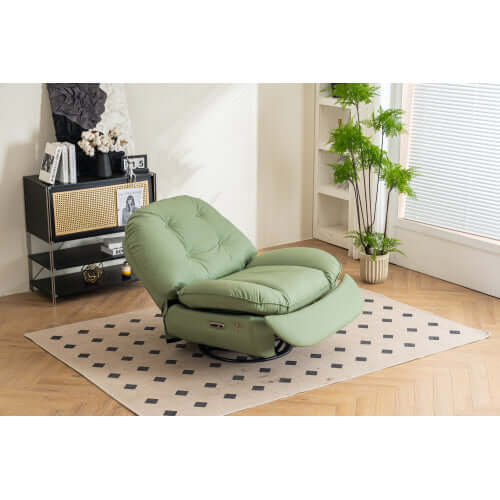 Reclining green leather recliner chair in a room with a side table and plants