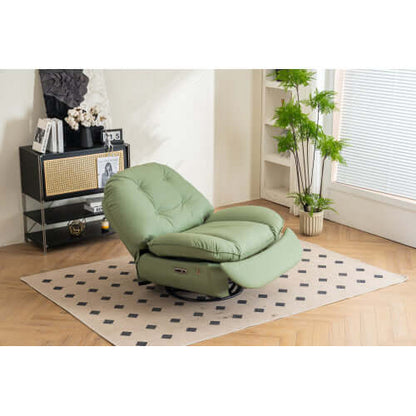 Reclining green leather recliner chair in a room with a side table and plants
