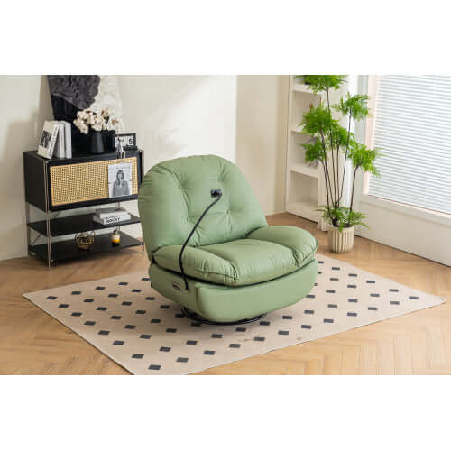 Green leather swivel reclining chair in a room with a bookshelf and plants