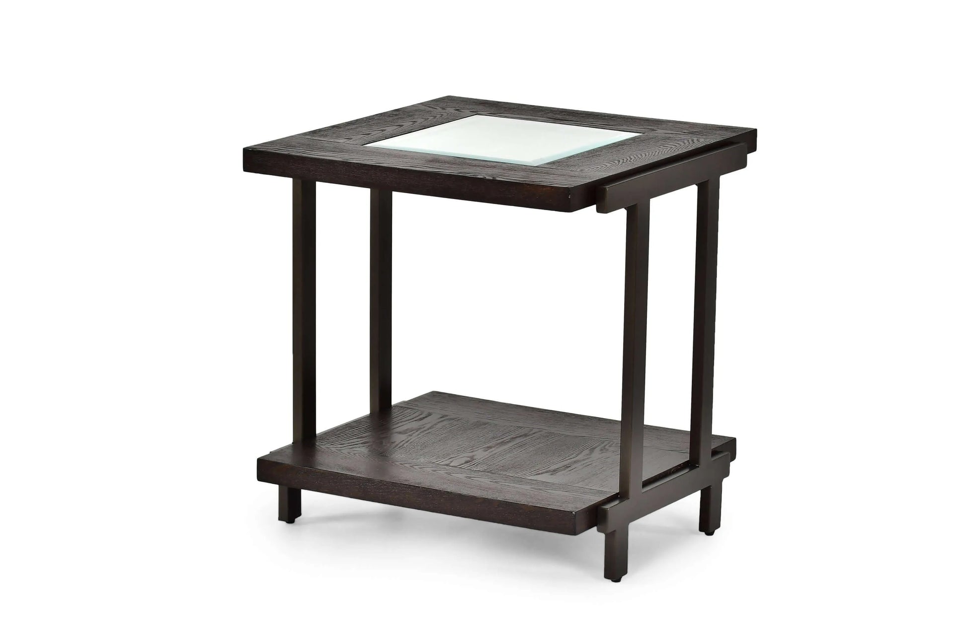 Dark wooden end table with glass top on a white background