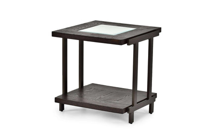 Dark wooden end table with glass top on a white background