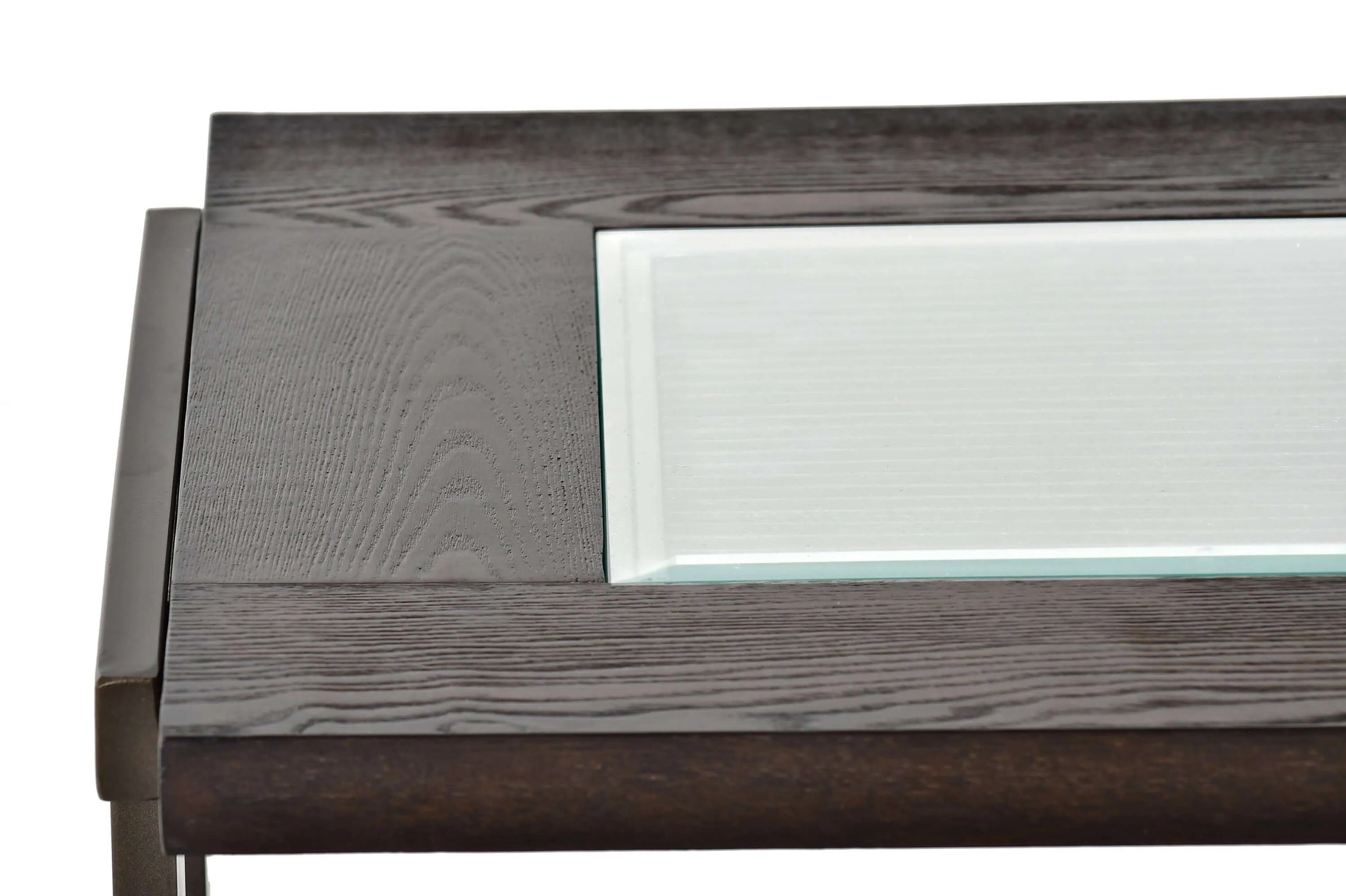 Close-up of a wooden surface with glass panel