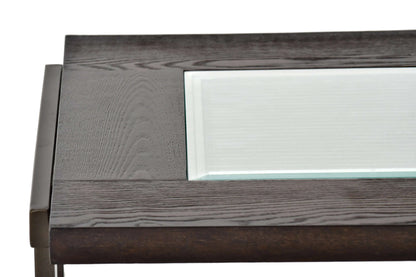 Close-up of a wooden surface with glass panel