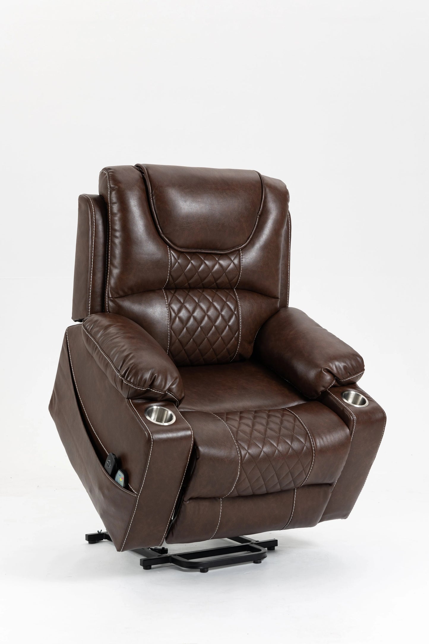 Brown Power Lift Recliner-Dual OKIN Motor, Heat & Massage Cup Holders