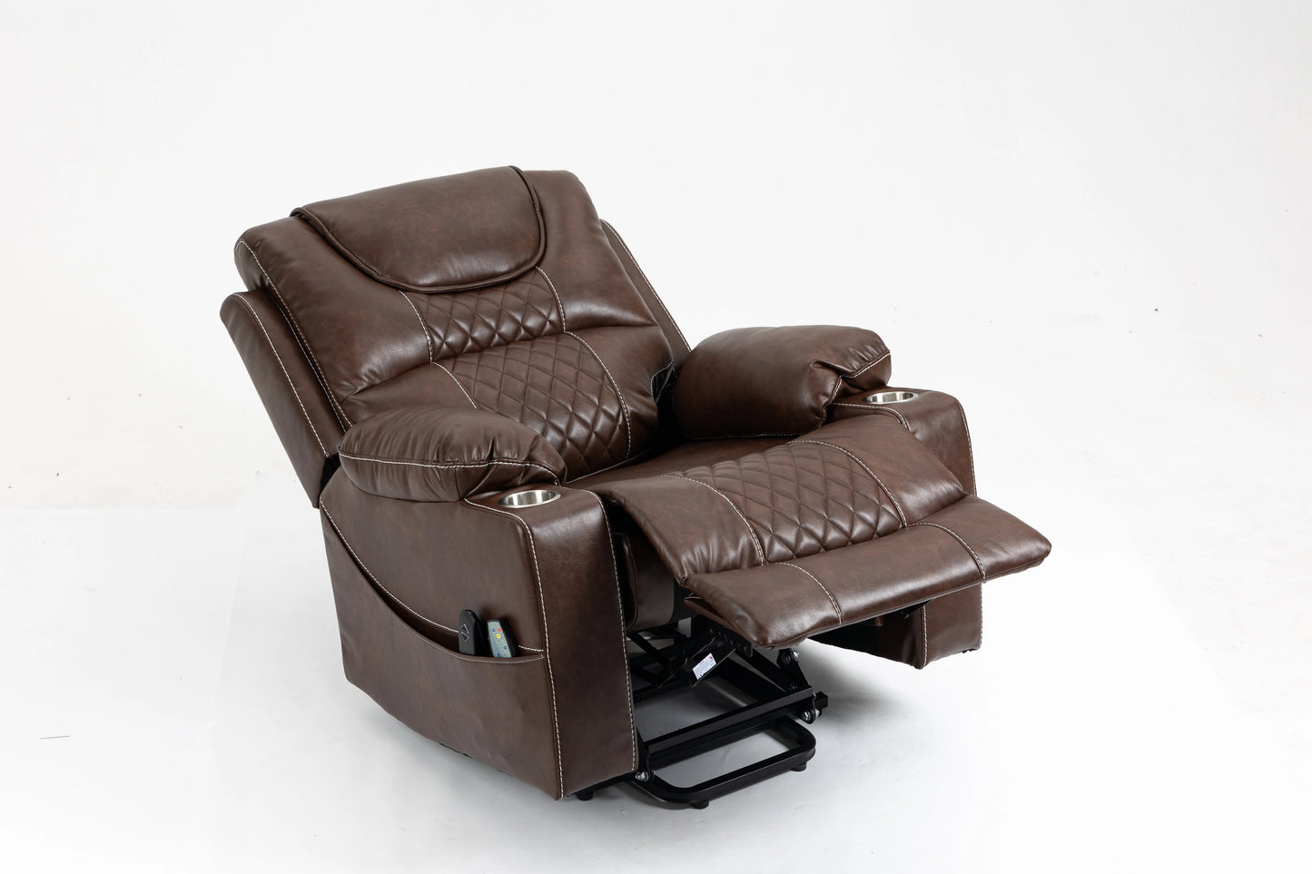 Brown Power Lift Recliner-Dual OKIN Motor, Heat & Massage Cup Holders