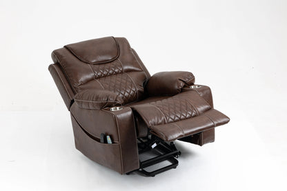 Brown Power Lift Recliner-Dual OKIN Motor, Heat & Massage Cup Holders