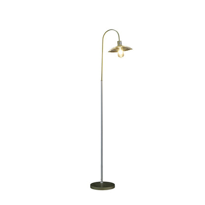 Floor lamp with bulb illuminated  on an adjustable head on a white background