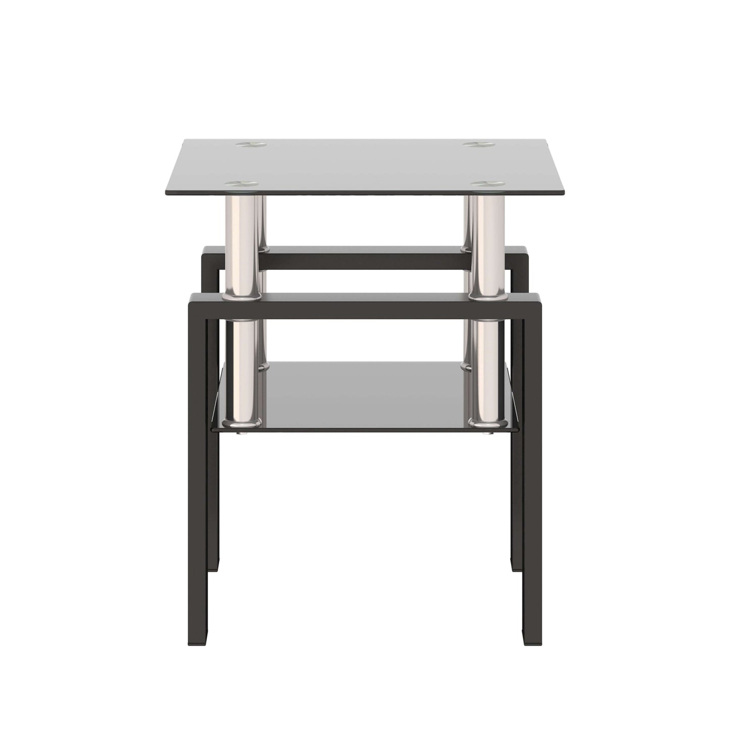 Small end table with a black glass top and lower shelf with black metal frame on a white background