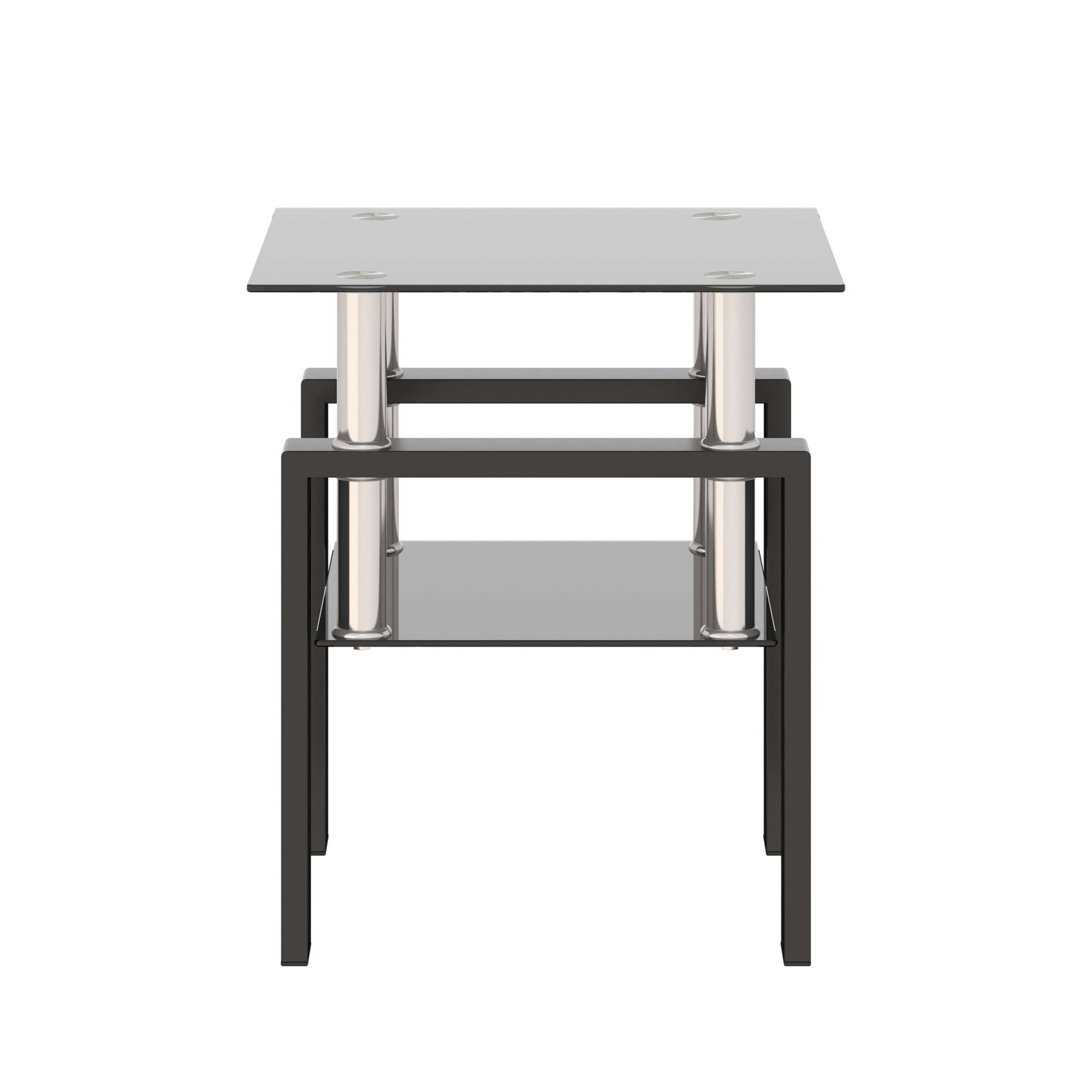 Small end table with a black glass top and lower shelf with black metal frame on a white background