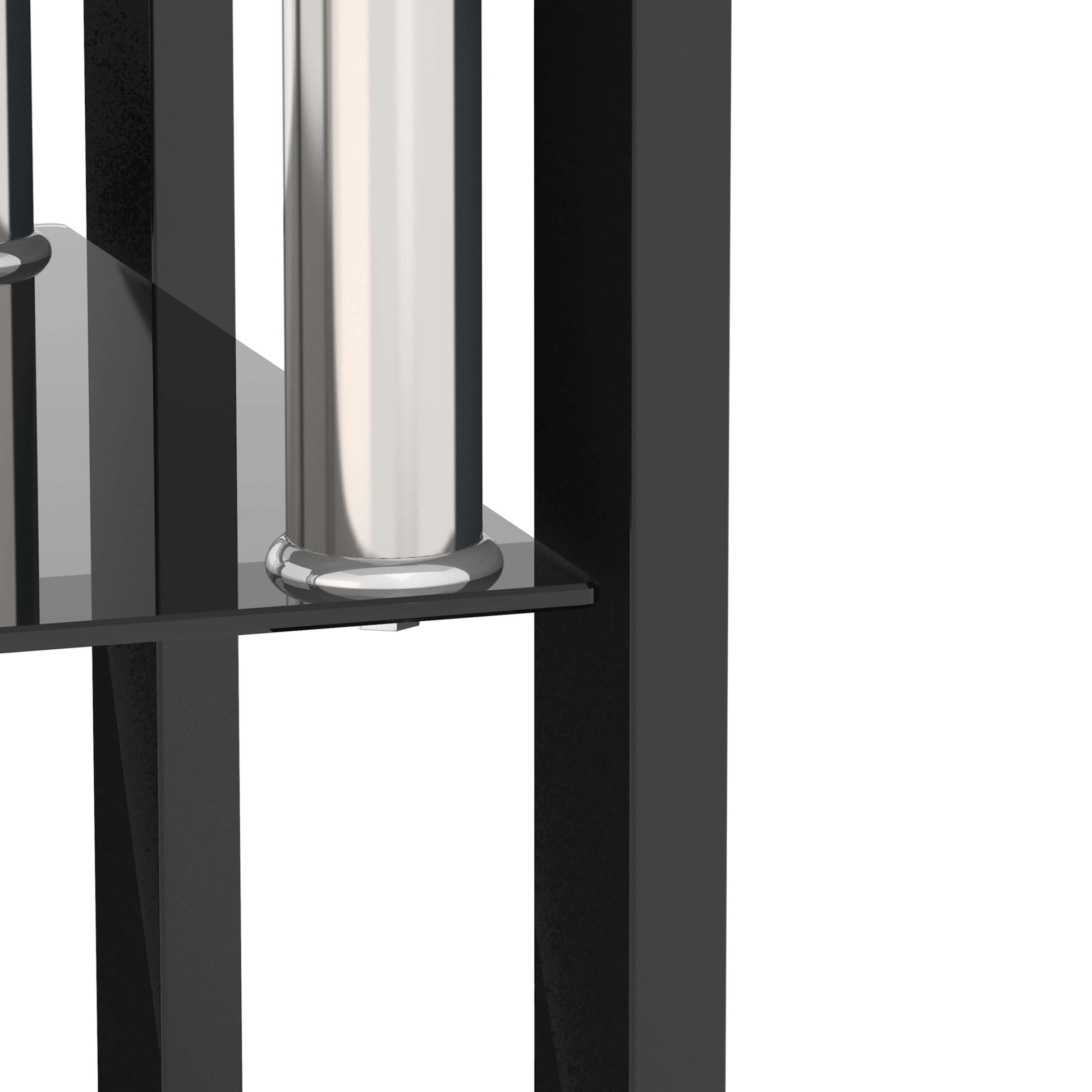 End table close up of black metal rectangular legs and glass shelf on a white background