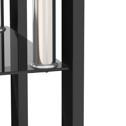 Black metal shelf with cylindrical glass container for black end table on a white background