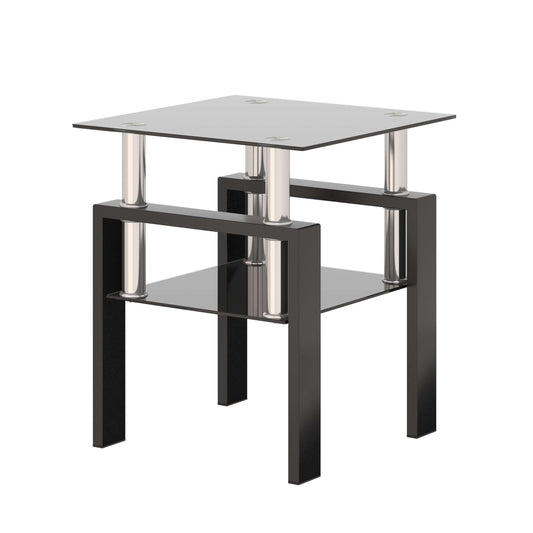Black glass top and shelf end table with black metal frame on a white background