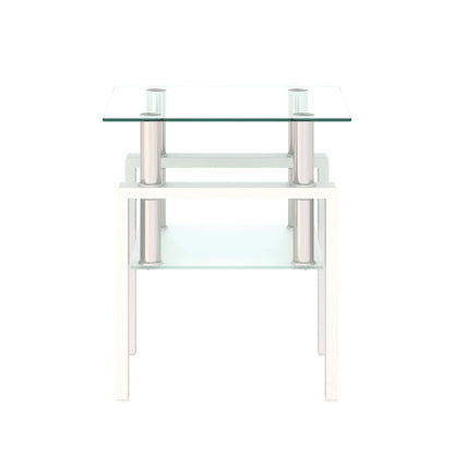 White end table with glass top and frosted glass shelf with white base on a white background 